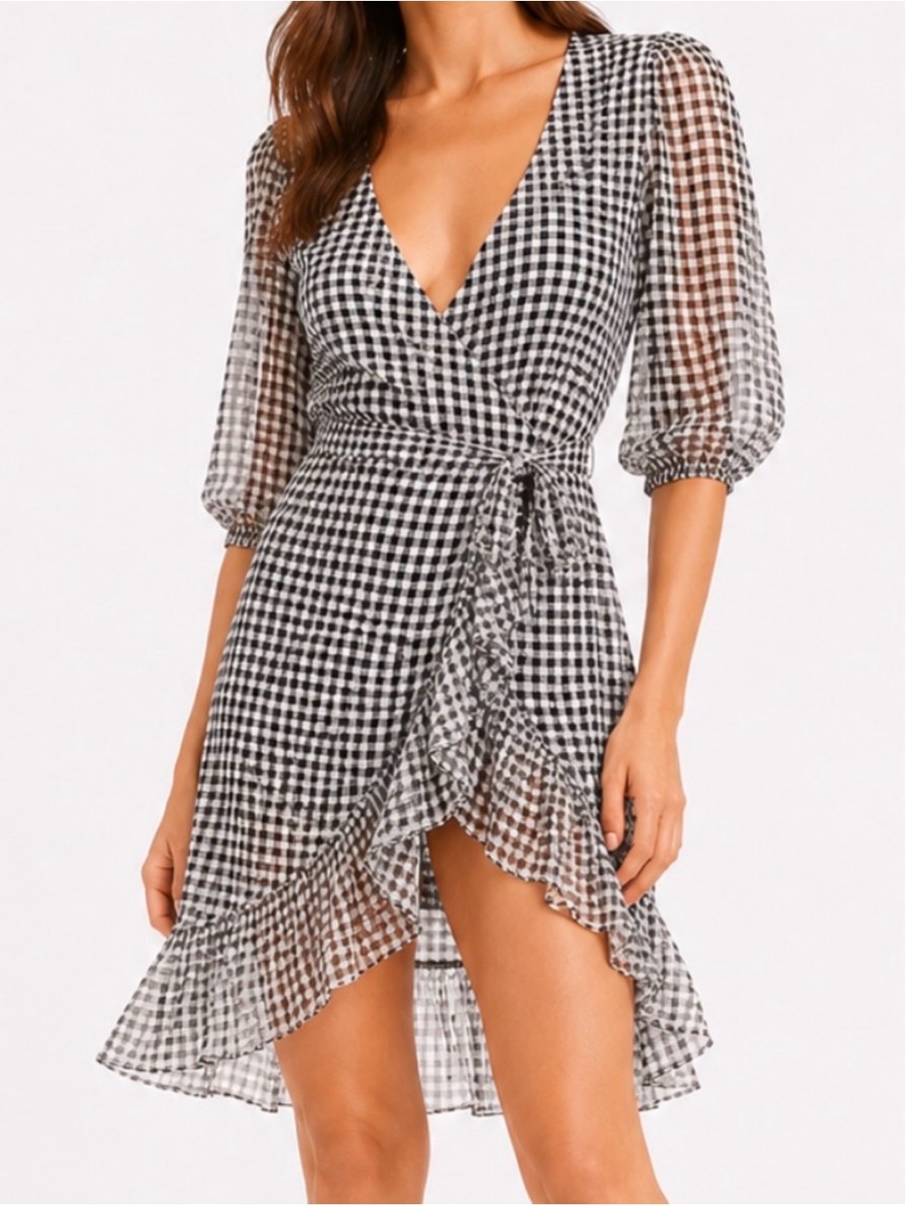 Ganni Gingham Ruffled Mesh Mini Dress In Black